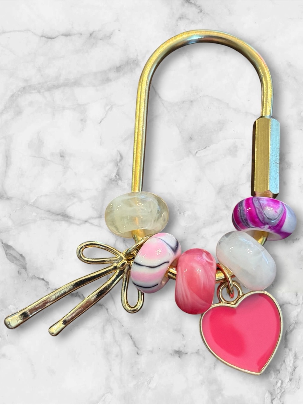 Gold-Tone Pink Heart Charm Bead Keyring